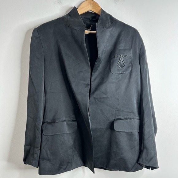 LILYSILK Black Mulberry Silk Blazer Jacket 10 Mandarin Collar Embroidered Logo